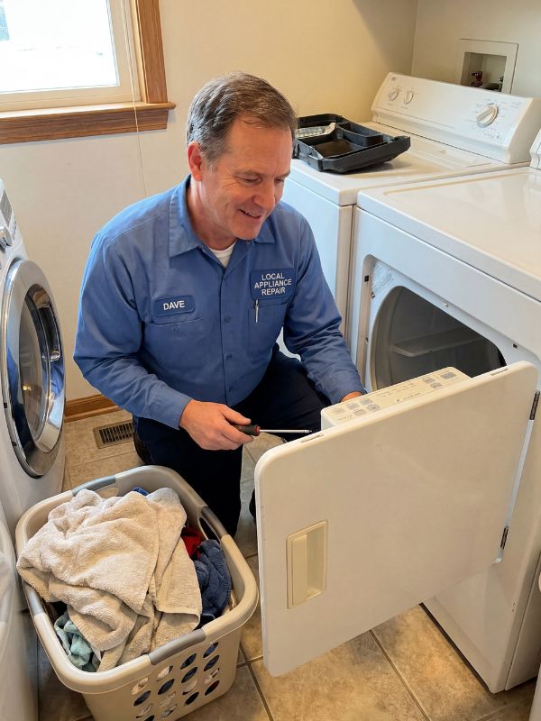 Round Rock appliance repair technician inspecting a clothes dryer for no-heat and long dry-time problems during a home service call in Texas