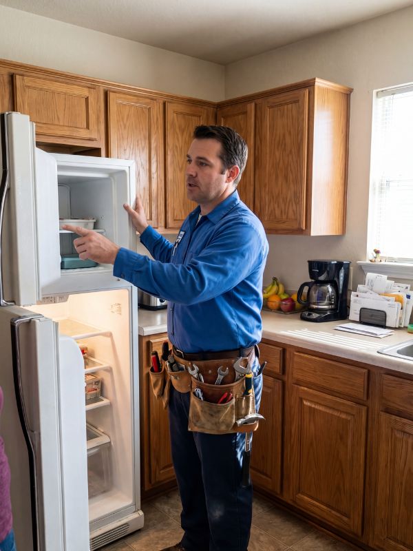 Appliance repair technician inspecting a freezer for frost buildup, defrost-cycle faults, and temperature drift in a Round Rock, TX home