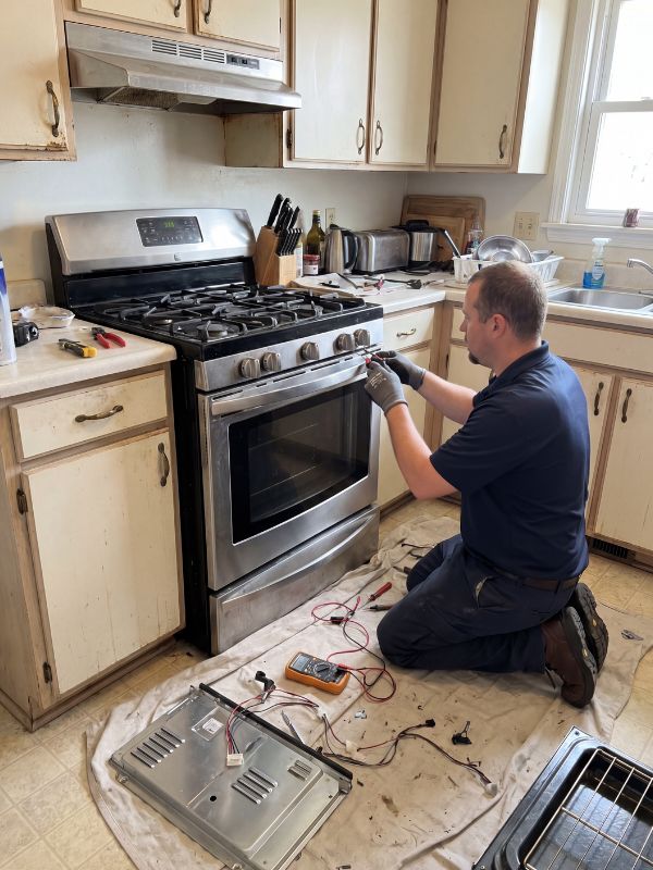 Local technician repairing a kitchen oven and range with a homeowner — ignition and thermostat diagnostics in Round Rock, TX